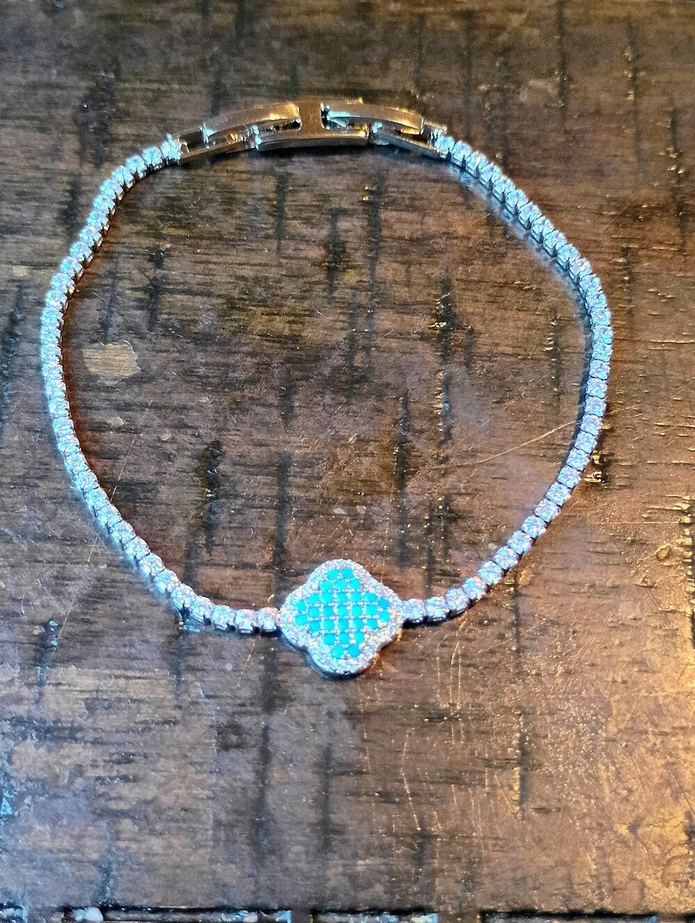New White Gold Plated Turquoise Pave Clover Bracelet